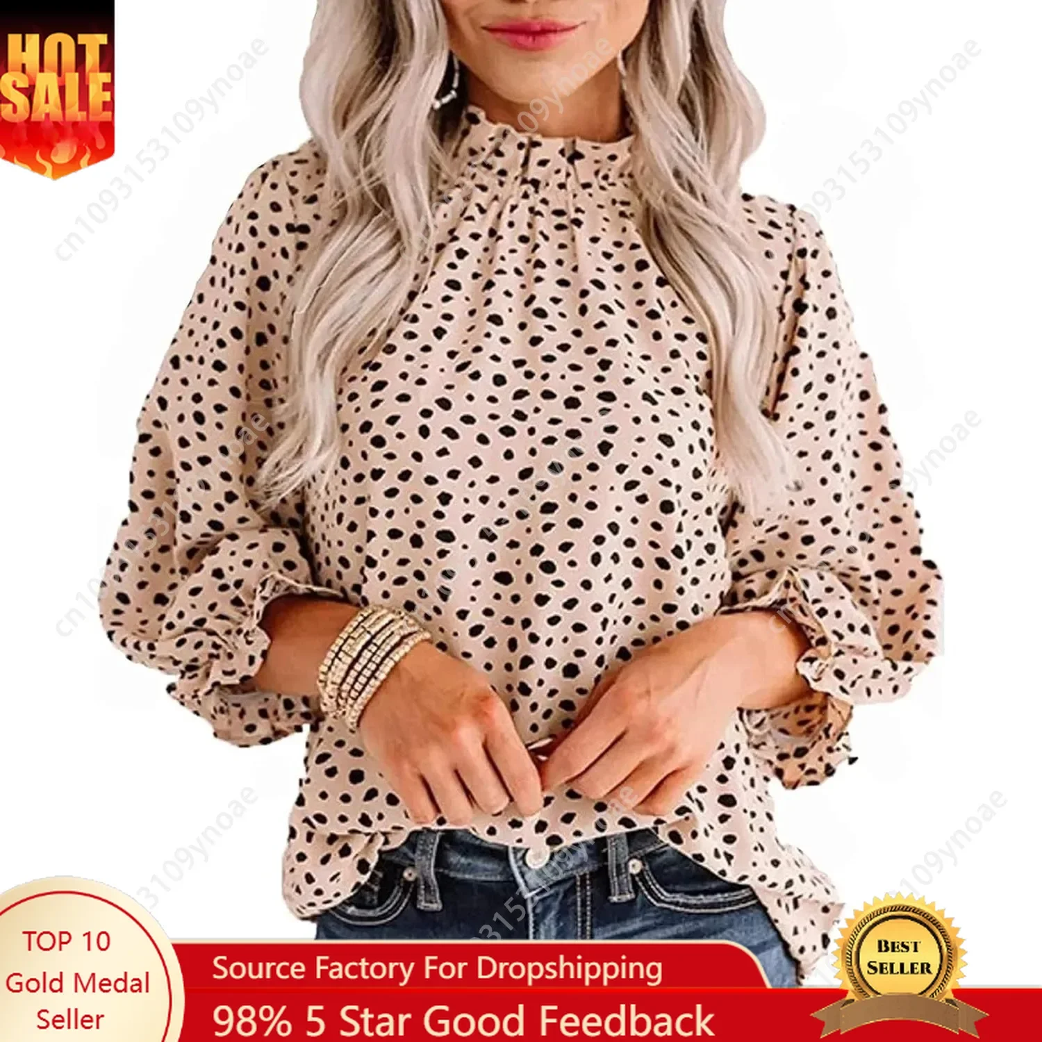 

Polka Dot Long Sleeve Shirts Sexy Women Princess Puff Sleeves Stand Collar Ruffle Tops Polyester Work Shirt Casual T Shirt Soft