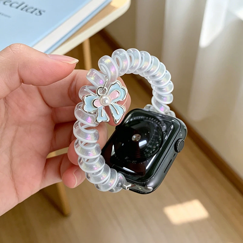 Cute Bow Charm Glitter Clear Scrunchie Strap for Apple Watch SE 7 8 9 10 11 Ultra 2 49mm 45 41 42 46 44 40 Girls Smart Wristband