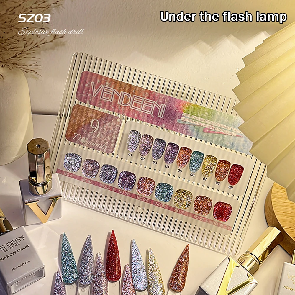 Vendeeni 9 Farben Transluzenter Diamant-Gel-Nagellack Glitzer UV LED Soak-Off Gel-Lack Flash Nail Art Gel-Lack 15ml – Detail 11