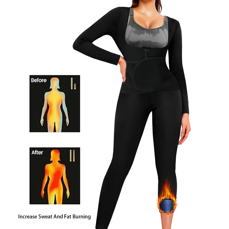 Women's Long Sleeved Pants Jumpsuit 6 In 1 Sauna Sweat Shirt Full Body Waist Trainer Weight Loss Workout Body Sauna Bodysuit