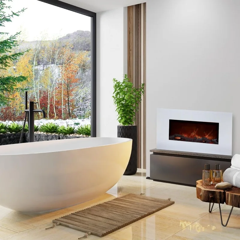 36" Wall Mount Electric Fireplace 10 Colors LED Flame and 3 Media Backgrounds Adjustable Brightness Comes with Remote Control