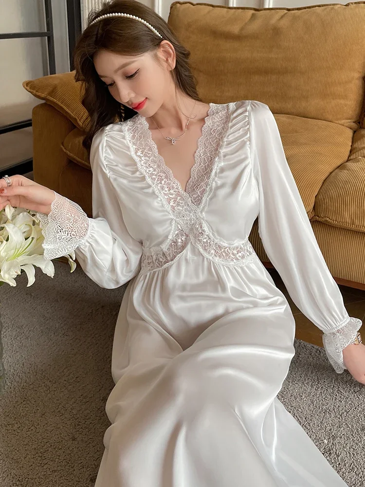 Court Style Long-sleeved Nightdress Women's Chest Pad Ice Silk Sexy Thin Lace V-neck Hollow Pajamas Homewear Women's Sleepwear