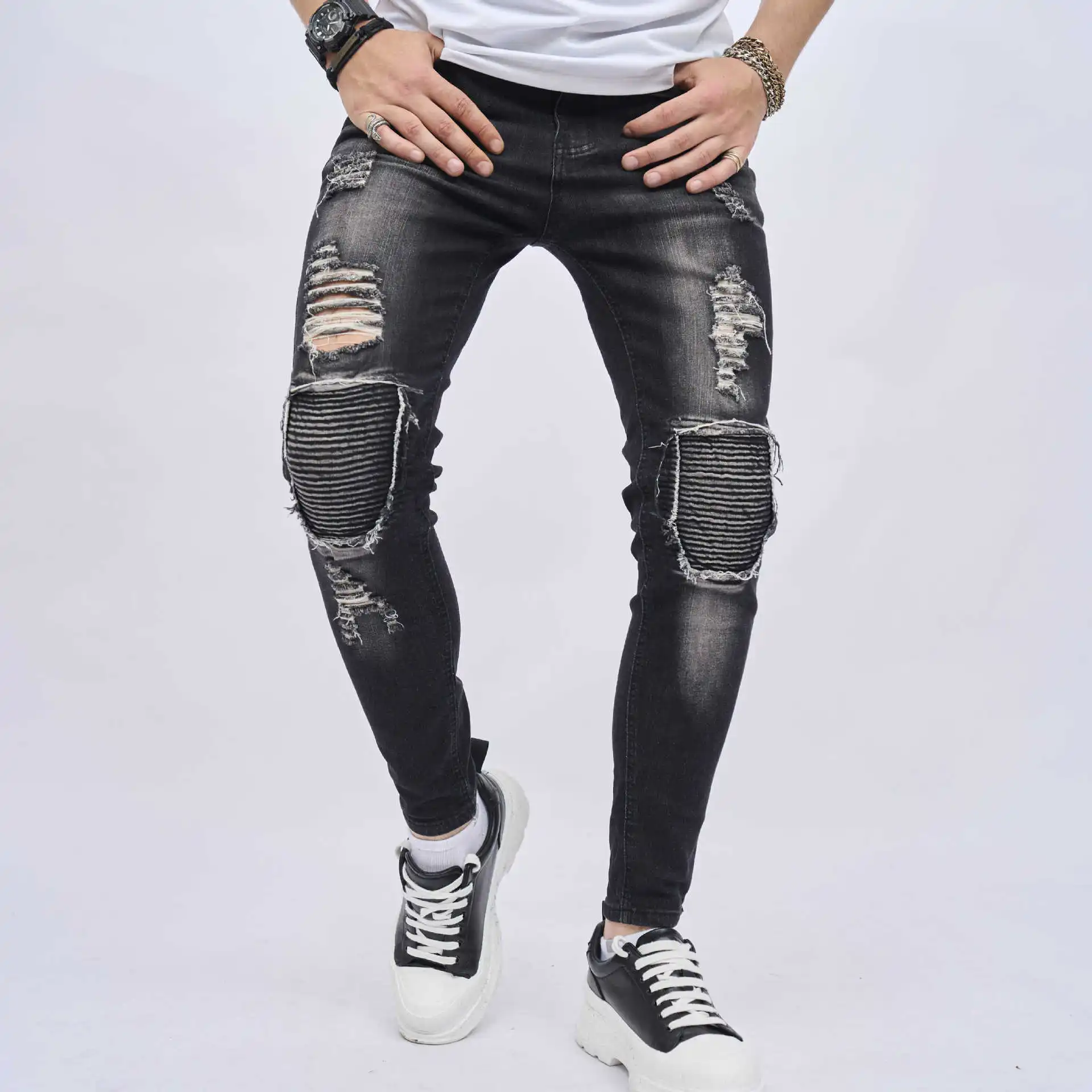 

Men's Destroyed Biker Jeans Pants Slim Fit Stretchy Ripped Motorcycle Denim Trousers With Holes High Streetwear Bottoms