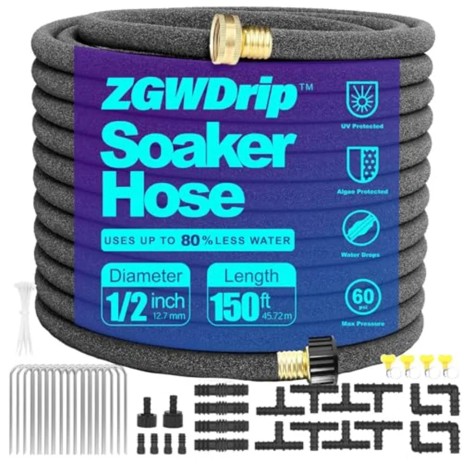 

Soaker Hose 0, 1/2 Inch Soaker Garden Hose with 3/4" Solid Brass Connectors Save 80% Water Drip Irrigation Kit for Lawn/Yard La