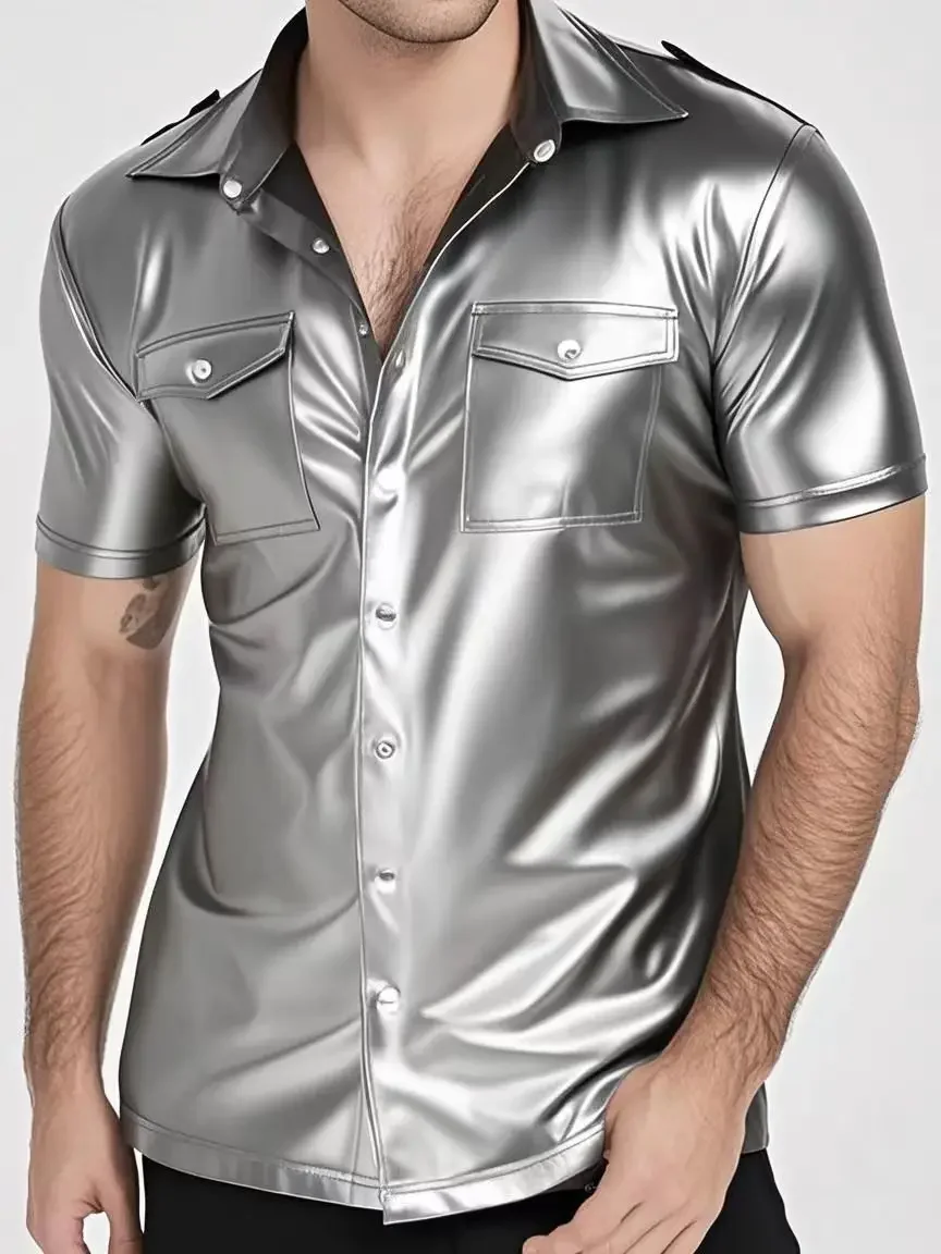 2026 Men's Pu Leather Short-sleeved Streetwear Style Shirt  Button-neck Motorcycle Style Tops For Men Party Daily Club Clothes