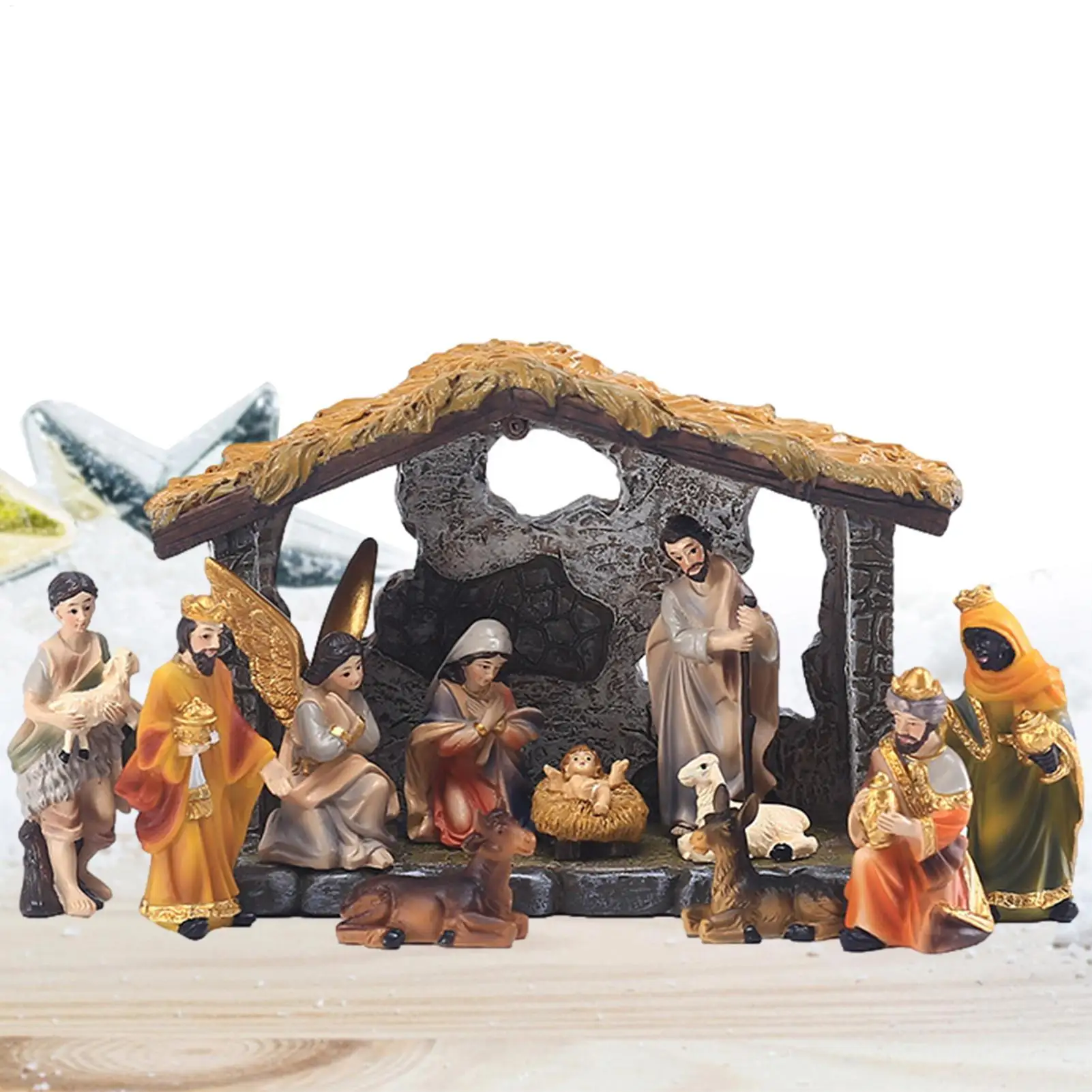 Nativity Manger Set 12Pcs Resin Hand-painted Nativity Crib Figurines Holy Family Crafts Statue Decor Home Room Church Decor
