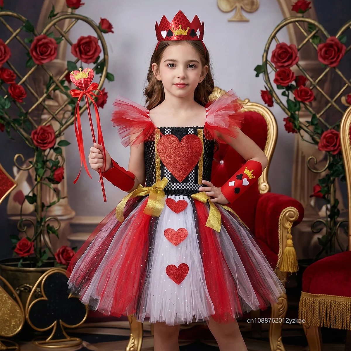Cartoon Queen Of Hearts Tutu Costume Dress Chica Set Wonderland Fancy Dress Enfant Carnival Halloween Party Performance Outfit