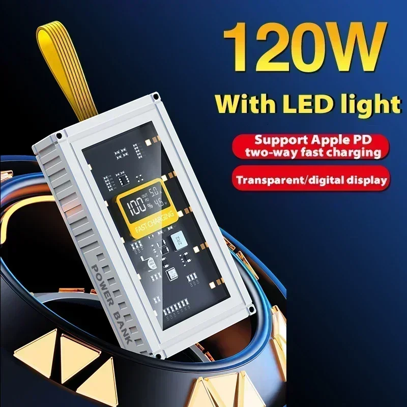 New transparent power bank 120W large capacity 50000mAh 20WPD two-way fast charging with LED light suitable for iPhone/Xiaomi 14
