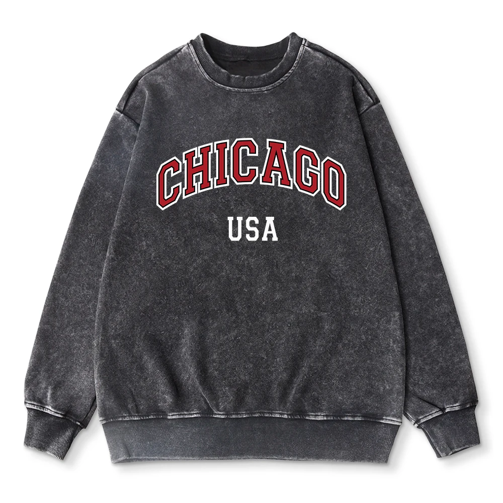 Oversized Womans Washed Sweatshirts Chicago Usa Letter Printing Pullovers Autumn Warm Cotton Hoodie Casual Couple Streetwear