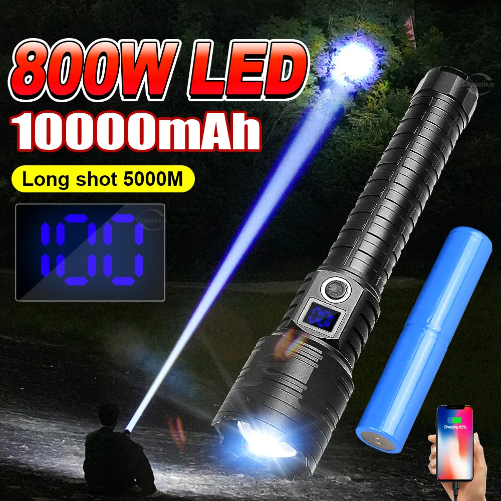 New 10000mAh High Power LED Flashlights Zoom 5000M Long Range Torch Usb Rechargeable LED Torch Powerful Strong Tactical Lantern