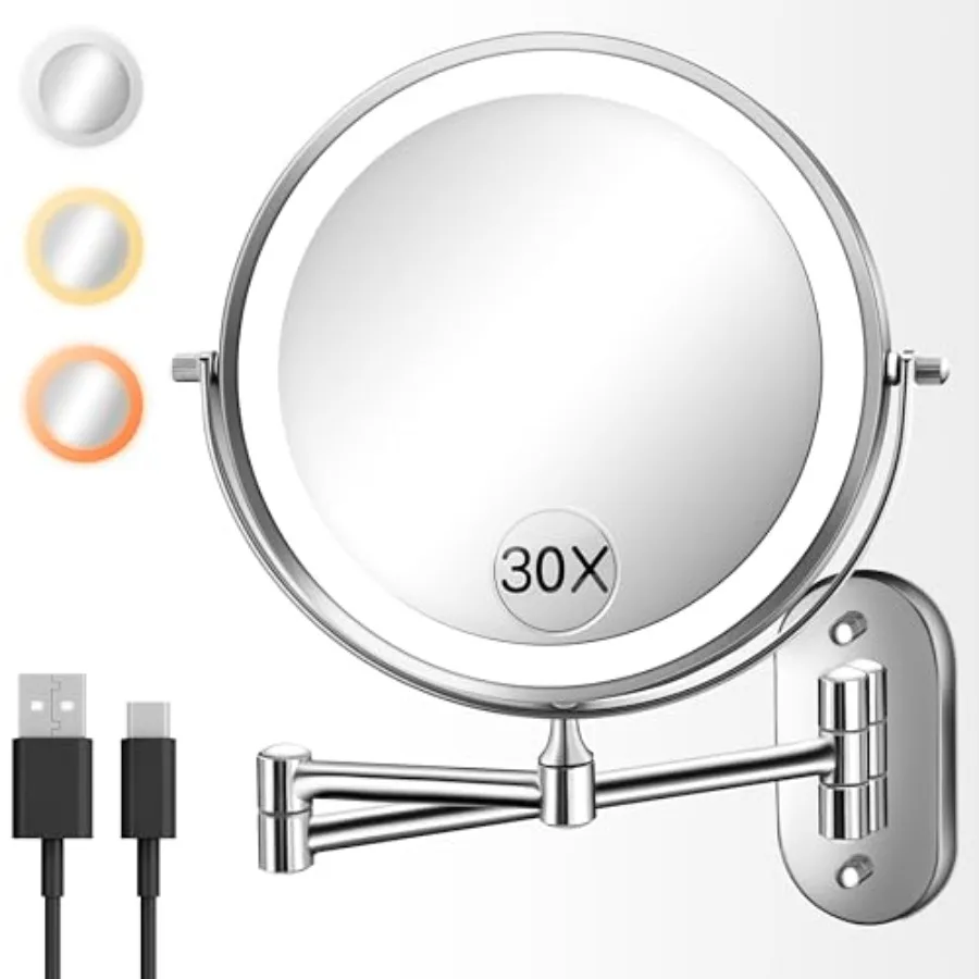 

Wall Mounted Makeup Mirror with Light, 30X/1X 8'' Double Sided LED Magnifying Bathroom Lighted Vanity Mirror with Magnification