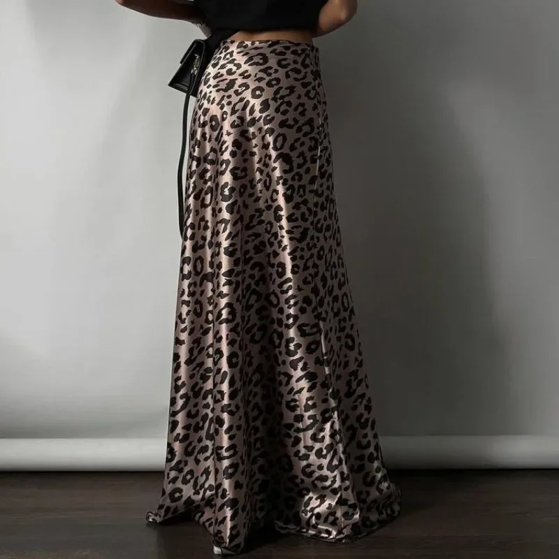 Fashion Leopard Print Satin Skirt Women's Sexy Retro Print Maxi Skirt Casual Streetwear Party Slim Leopard Print Skirt