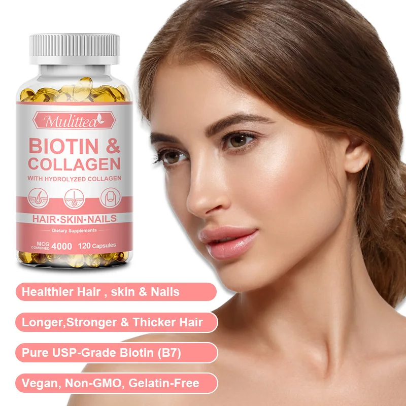 Mulittea Biotin with Collagen Supplement Protein for Nails Shiny Hair Glowing Smooth Skin Collagen Capsules