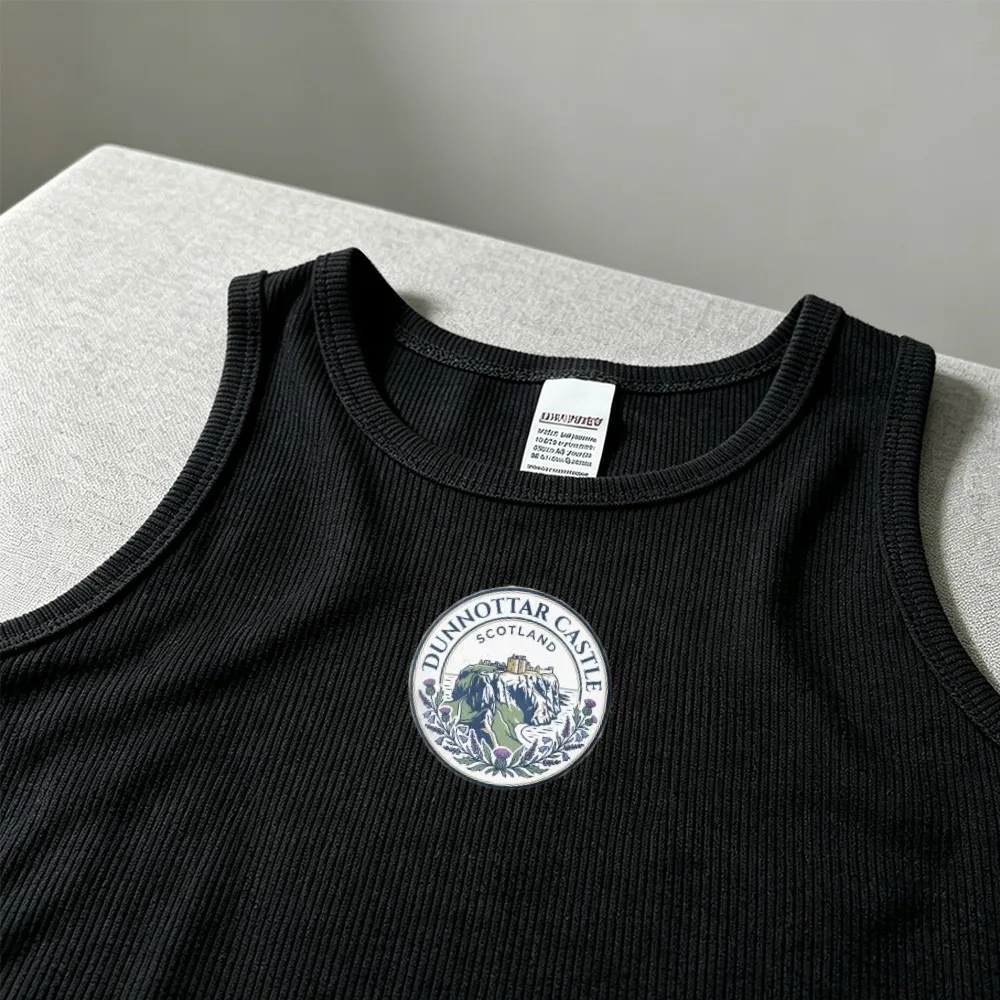 Dunnottar Castle Scotland Circle Logo Women Black Ribbed Crop Tank Top European Travel Souvenir Sleeveless Slim Vest Casual Wear