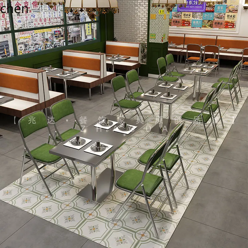 Hot Pot Restaurant Table Stainless Steel Folding Chair BBQ Restaurant Tea Restaurant Soft Cushion Sofa Dining Table Chair