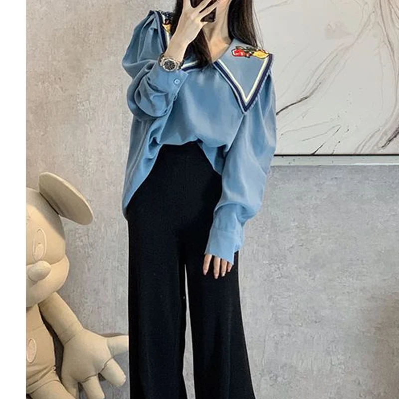 Spring Autumn New POLO Collar Fashion Long Sleeve Blouse Women High Street Casual Loose Printing Pullovers Elegant All-match Top