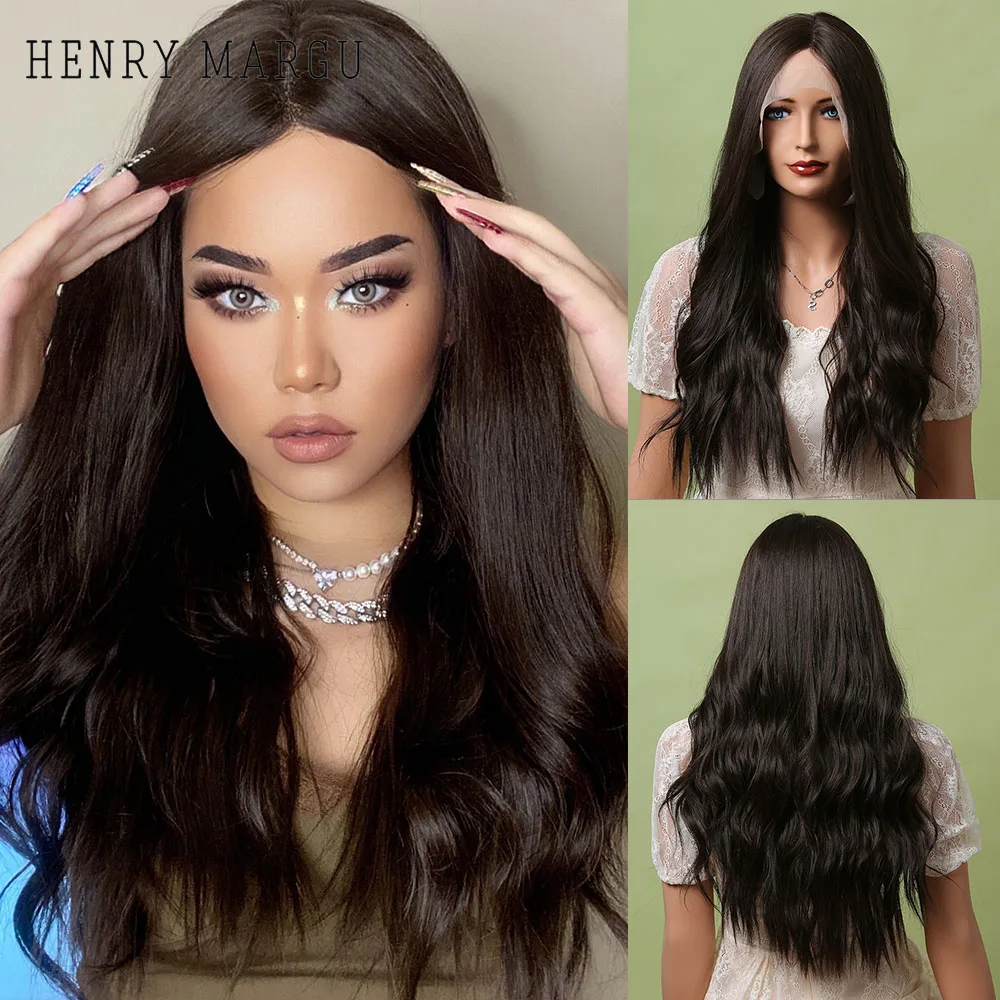 

HENRY MARGU Lace Front Synthetic Wigs Long Wave Black Brown Wig for Women Heat Resistant Natural Party Lace Hair Wig Middle Part