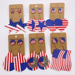 New Independence Day Earrings Set American Flag Round Heart Five-pointed Star Sunflower Leather Earrings for Women Jewellery