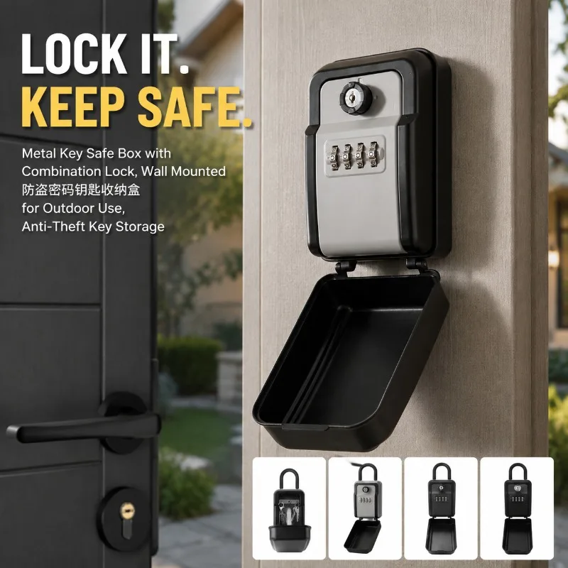Metal Key Safe Box with Combination Lock, Wall Mounted Anti-Theft Key Storage Lock Box for Outdoor Use, Secure Key Holder