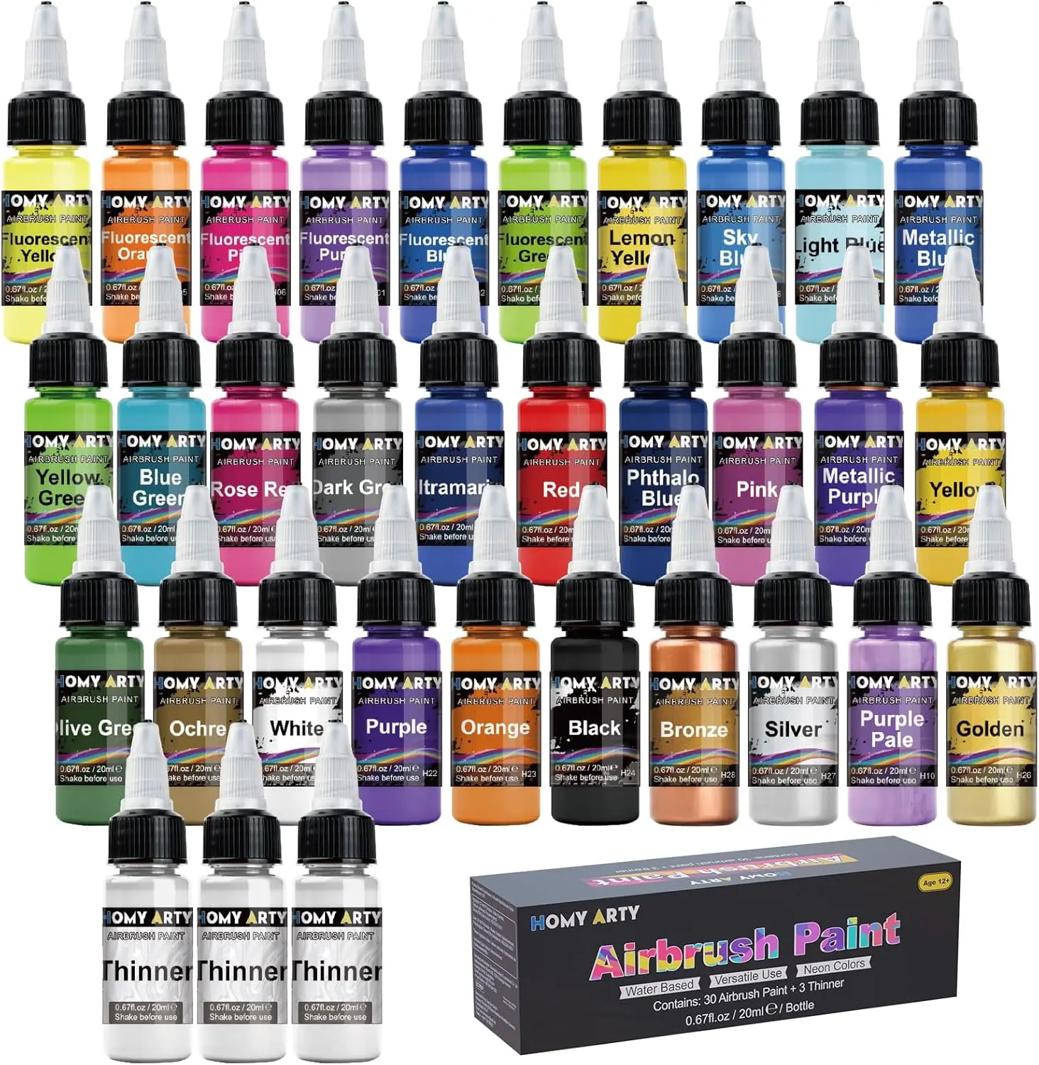 

30 Colors Airbrush Paint Set with 3 Thinner, Water-Based Acrylic Paints for Models, Canvas, Wood - 33 Bottles