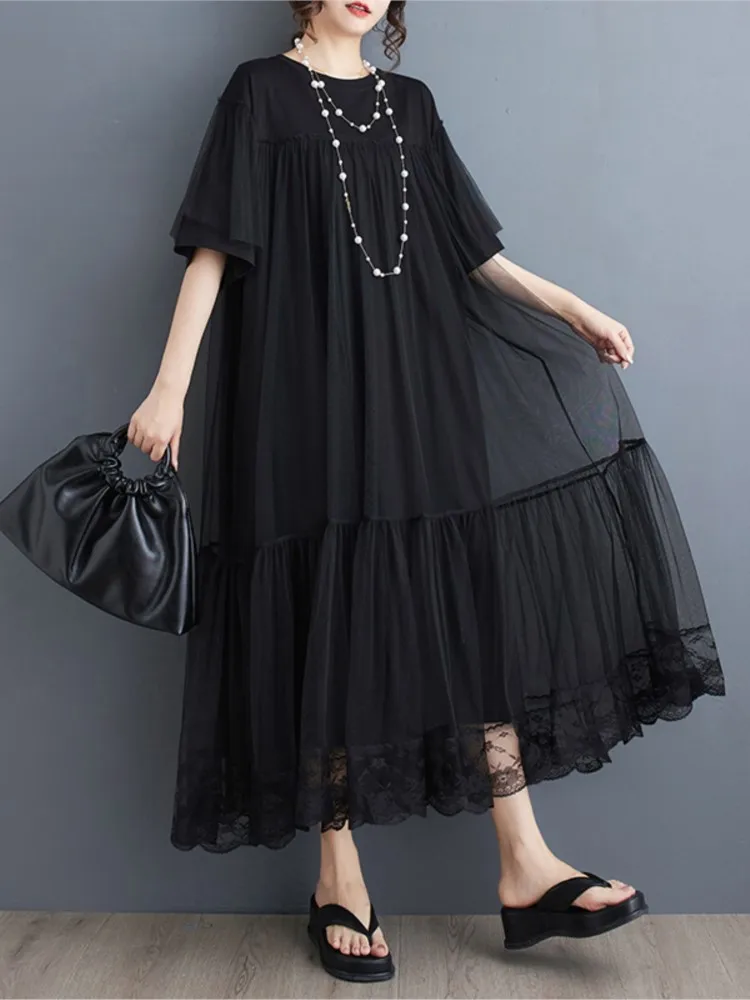 Oversized Summer Mesh Patchwork Long Dress Women Short Sleeve Fashion Ruffle Ladies Dresses Loose Pleated Woman New Dress