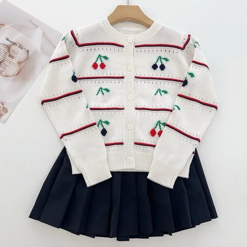 

Autumn baby girl clothes kids coat High quality handmade cherry pattern and striped crochet knit cardigan baby tops