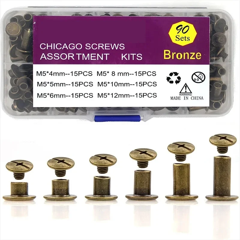 90Sets/180Pcs Bronze Chicago Screws Leather Assorted Kit Screw Rivets for Leather Rivet for DIY Leather Craft and Bookbinding