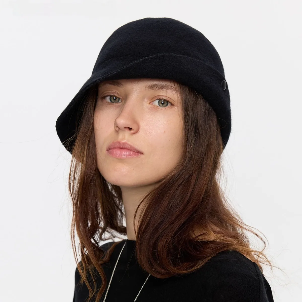 Vintage Women 100% Wool Felt Cloche Bucket Hat Asymmetrical Foldable Upturned Brim Warm Winter Cap Side Metal Snap Fastener