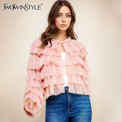 TWOTWINSTYLE Solid Casual Patchwork Tierred Mesh Blouses For Women Round Neck Long Sleeve Minimalist Loose Blouse Female Fashion