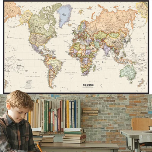 Imagen 2 del producto Póster de mapa del mundo Vintage de 127x81cm/50x32 pulgadas, pintura en lienzo plegable, arte de pared, decoración del hogar para sala de estar, suministros escolares