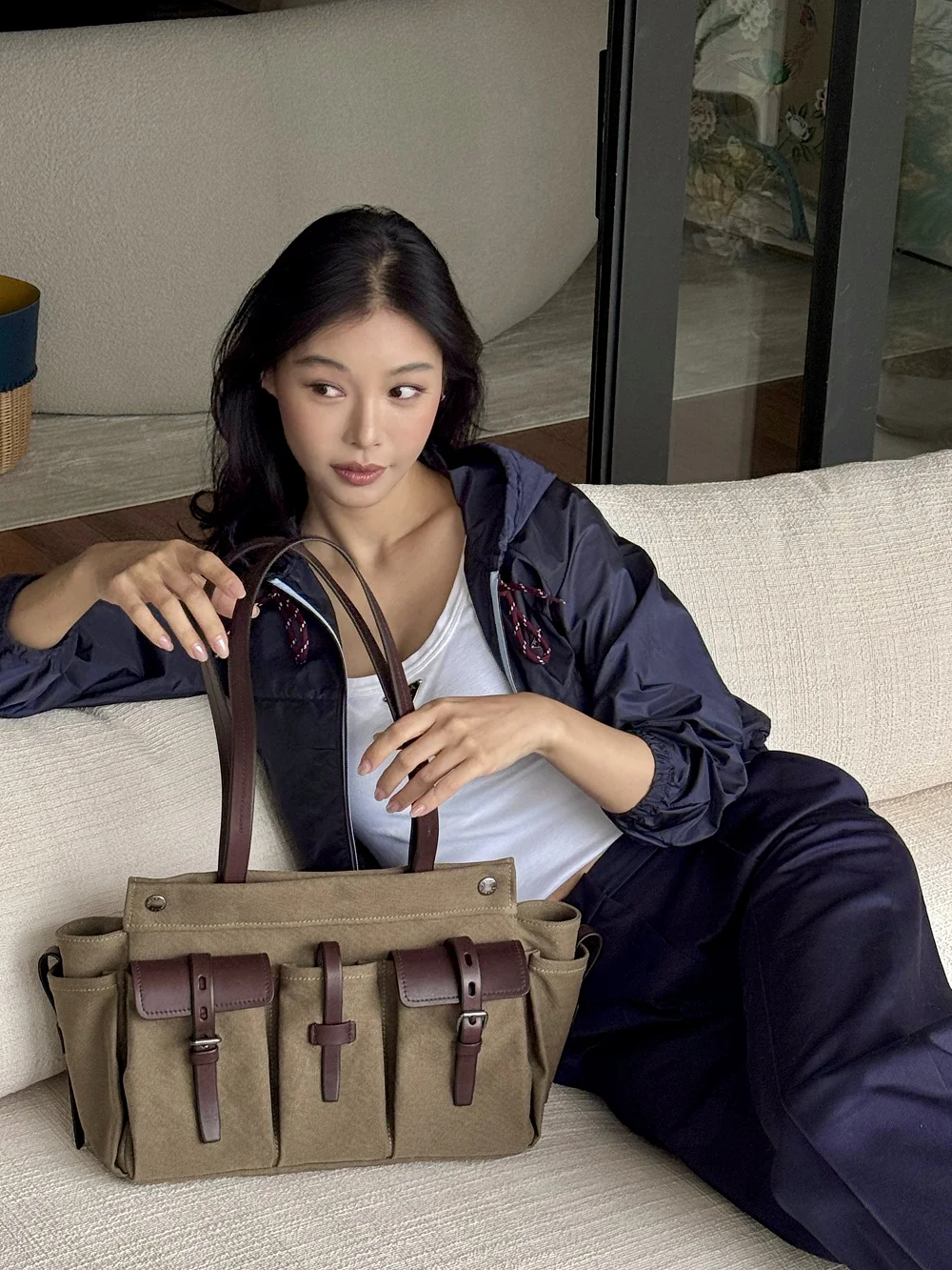 Retro Canvas Tote Bag Women's Commuter Bag Large Capacity Multi-Pocket Military Green Canvas Shoulder Bag for Daily Use SAC