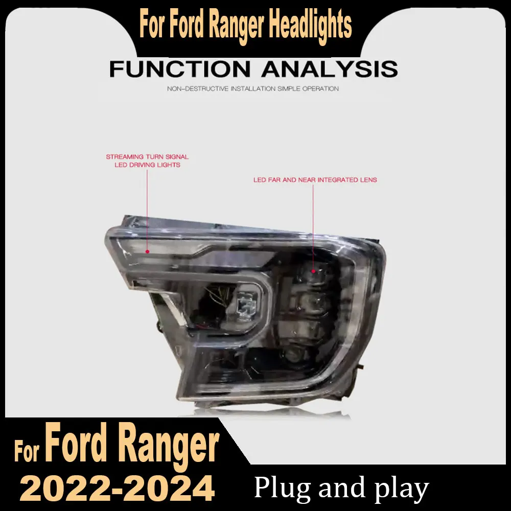 Car Front Lights For Ford Ranger Raptor T9 LED Headlight 2022 2023 2024 Accessories Modified DRL Turn Signal Headlamp Assembly