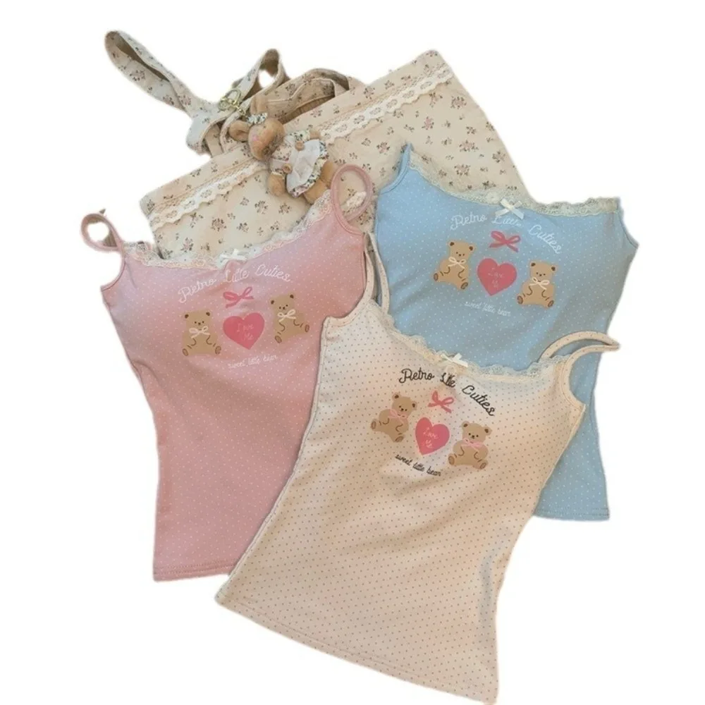 Graffiti Print Camisole Top Built-in Chest Pad Cute Bear Design Tank Top Lace Trimmed Innerwear Outerwear short top Women