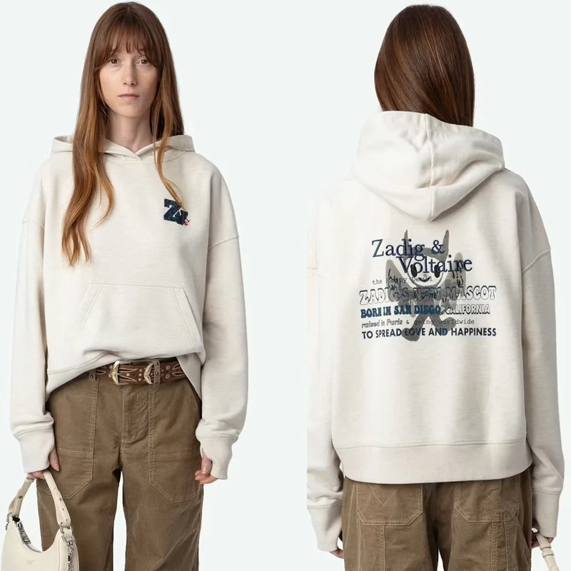 Sudadera con Capucha Holgada de Invierno para Mujer, Estilo Casual, Bordada, Forrada, Estilo Urbano, ZADIG, con Lentejuelas, Bordado Pesado