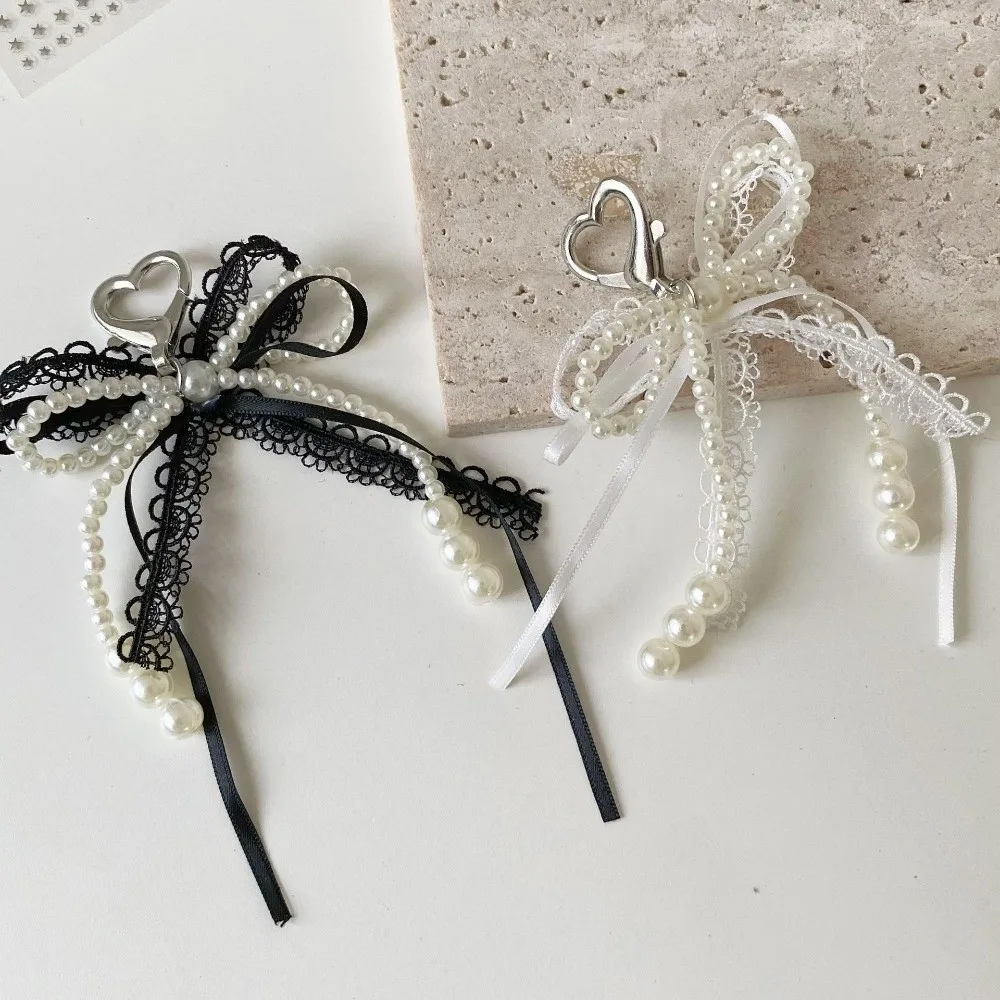 Y2K Pearl Lace Bow Keychain Removable Aesthetic Bag Pendant Accessories Bag Decorations Heart Pendant Girls Gifts