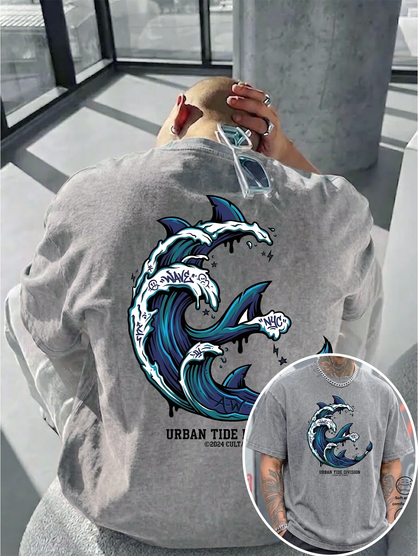 Men Washed Cotton T-shirt, Wave Shark Fin American Surf Graffiti Print, Urban Ocean Culture Loose Streetwear Short Sleeve S-3XL