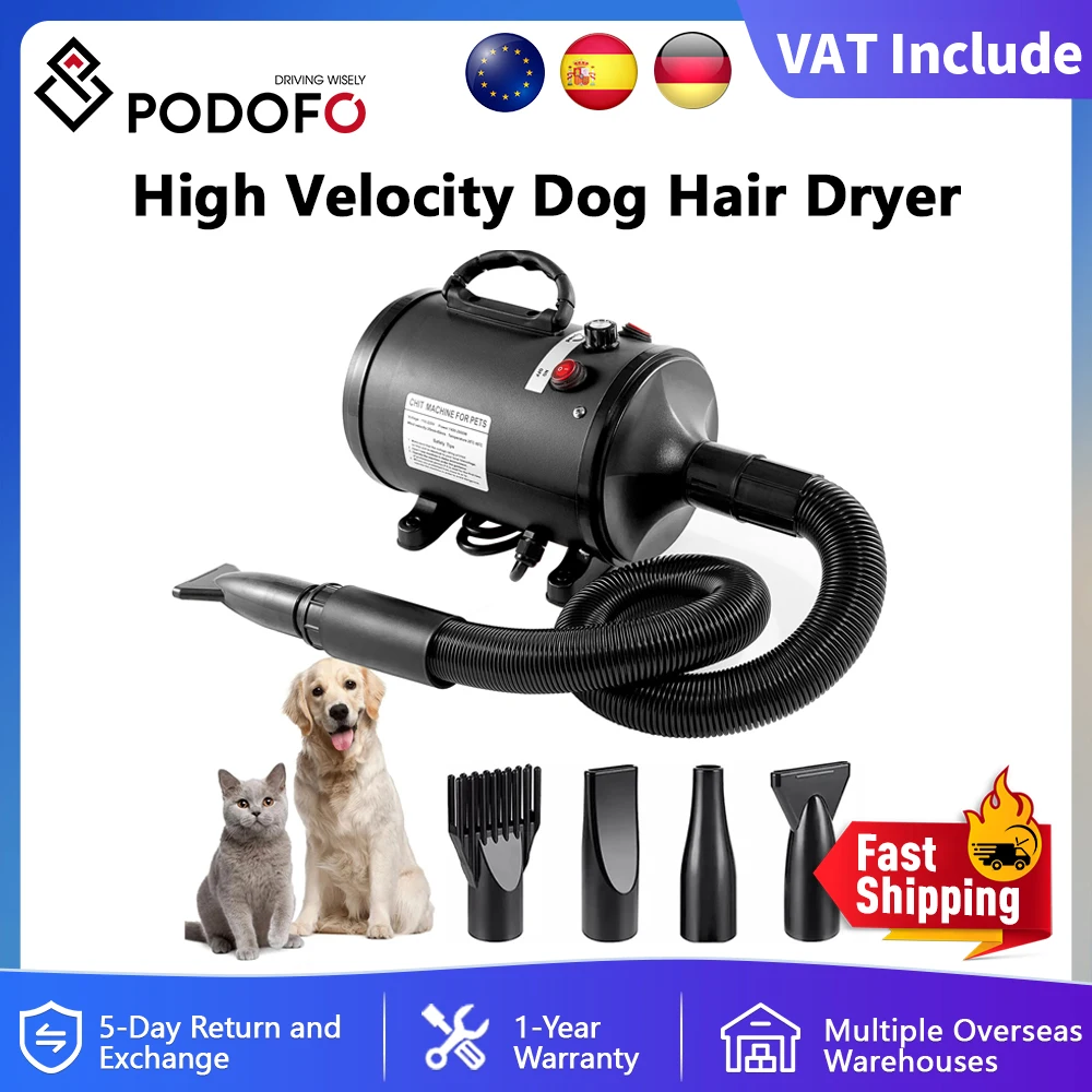 Podofo 3800W Asciugacapelli per cani Toelettatura per animali domestici Ventilatore Vento caldo Secador Asciugatrice veloce silenziosa per animali domestici Asciugatrice con 4 ugelli 1 pettine