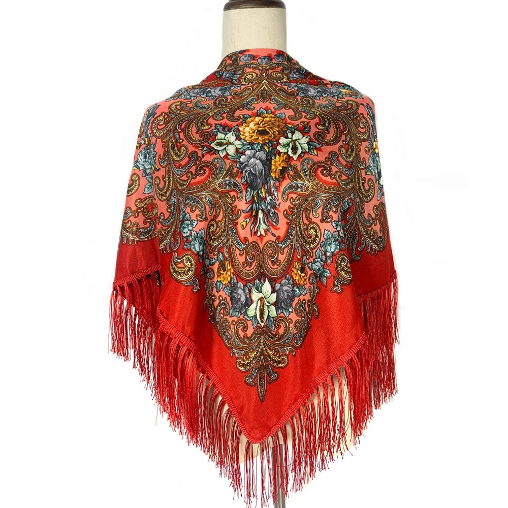

Russian Scarf for Women Square Handkerchief Floral Print Cotton Ethnic Girl's Head Wrap Babushka Elegant Red Shawl 110*110cm