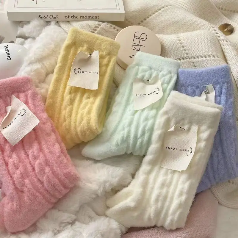 5Pcs Plush Socks Women's Autumn and Winter Plush Thickened Macaron Color Girl Medium Tube Socks Cold-proof Socks