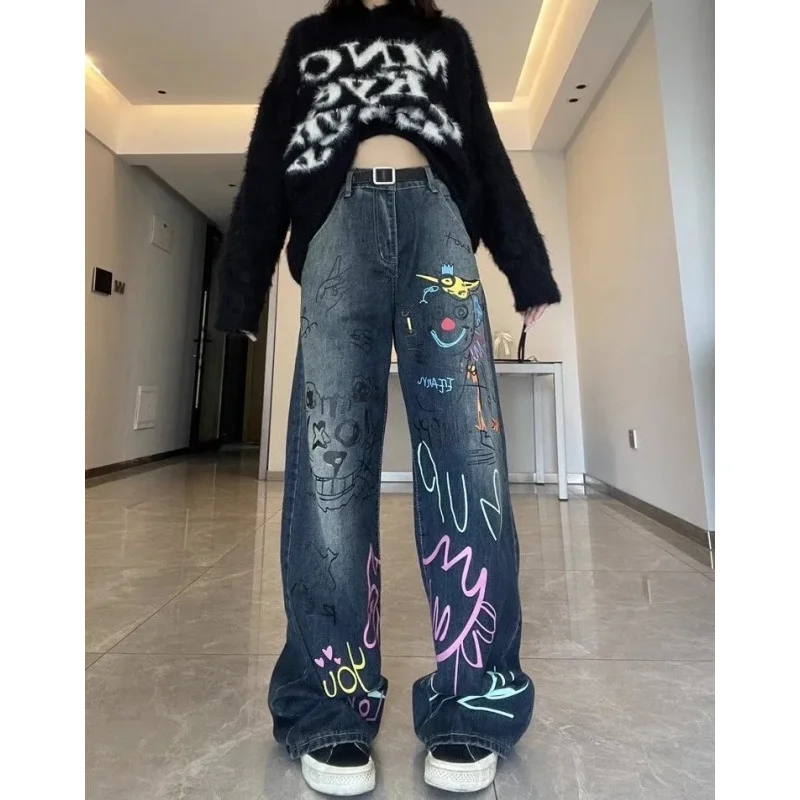 

Blue Jeans Women High Waist American Street Wide Leg Pants Fashion Simple Baggy Vintage 2024 NEW Straight Graffiti Trousers