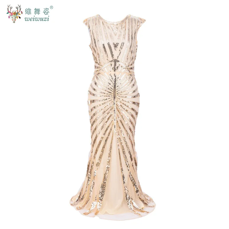 

2025 Women's Best-selling Vintage O Neck Sleeveless Back Less Slit Fish Tail Hem Slim Fit Sequined Long Dress for Prom Cocktail