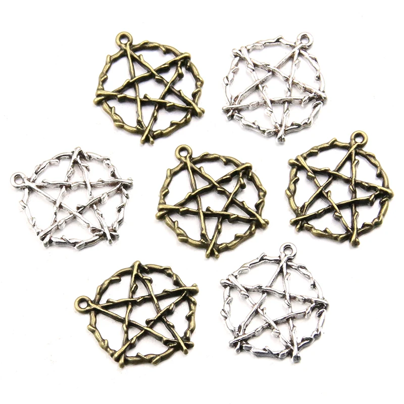 10Pcs 25*28mm 2 Color Wholesale Round Charms Five Point Star Pendant Handmade Decoration Vintage For DIY Jewelry Making Findings