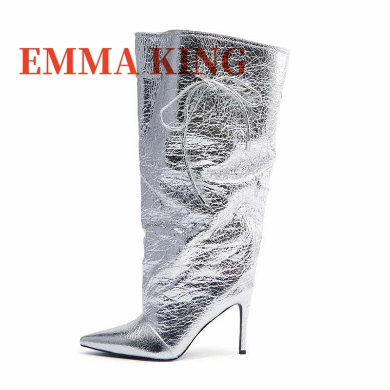 2025 الخريف/الشتاء أحذية عالية الكعب المرأة أنيقة أشار تو الدانتيل يصل واسعة العجل الأحذية موضة خنجر أحذية عالية الكعب #4