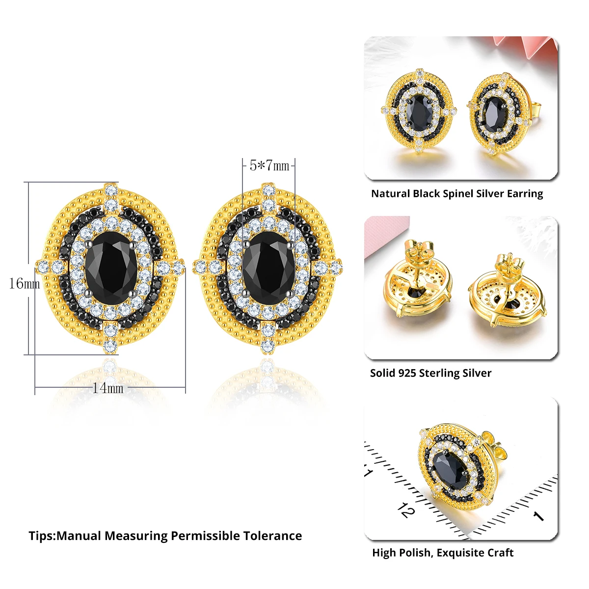 Natural Genuine Black Spinel Yellow Gold Plated Earring 2.2 Carats Gemstone Classic Fine Jewelry S925 Women's Birthday Gifts