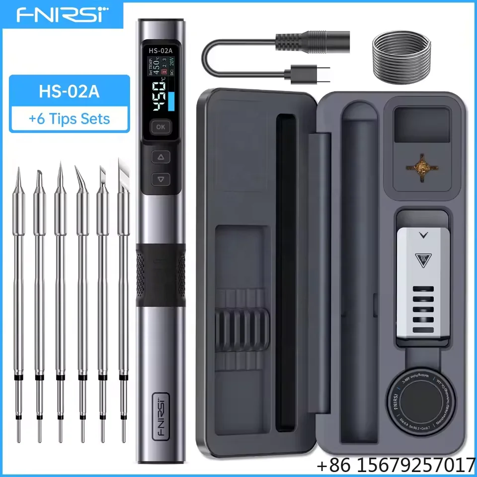 FNIRSI HS-02 Smart Digital Soldering Iron Kit 100W USB-C PD Fast Heating Electronics Repair Tool with 6 Tips & Toolbox