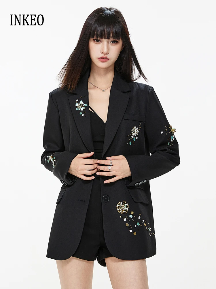 Blazer con perline con paillettes da donna di lusso Nero Primavera Autunno Giacca monopetto allentata di alta qualità 2026 Nuovo INKEO 5O117