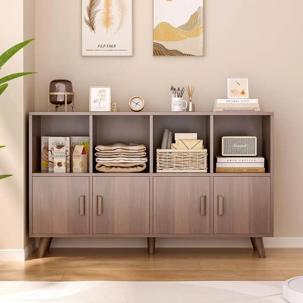 Walnut 8-Cube Open Bookshelf with Solid Wood Legs and 2-Tier Storage Cabinet
