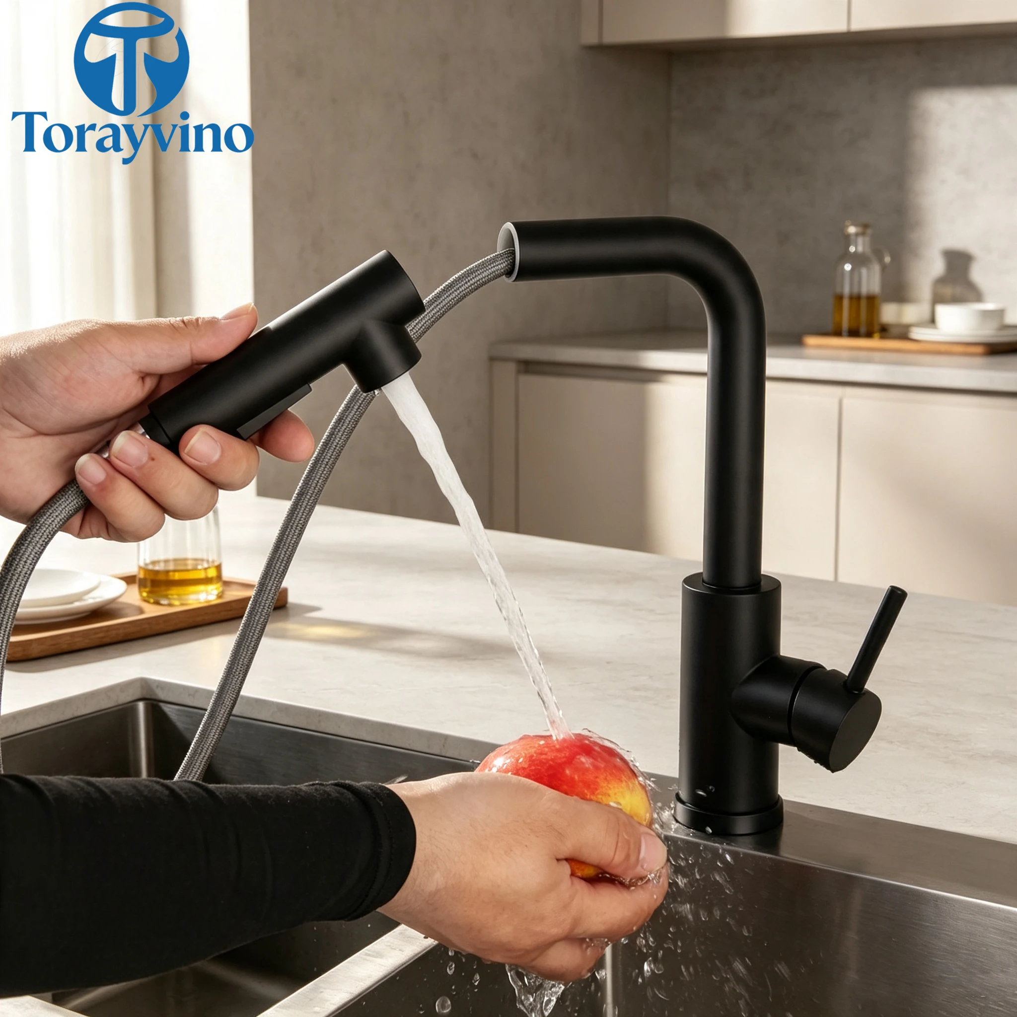 Torayvino Luxury Kitchen Sink Faucet Black Stainless Steel 360 Rotate Pull Out Faucets Hot and Cold Swivel Retractable Mixer Tap