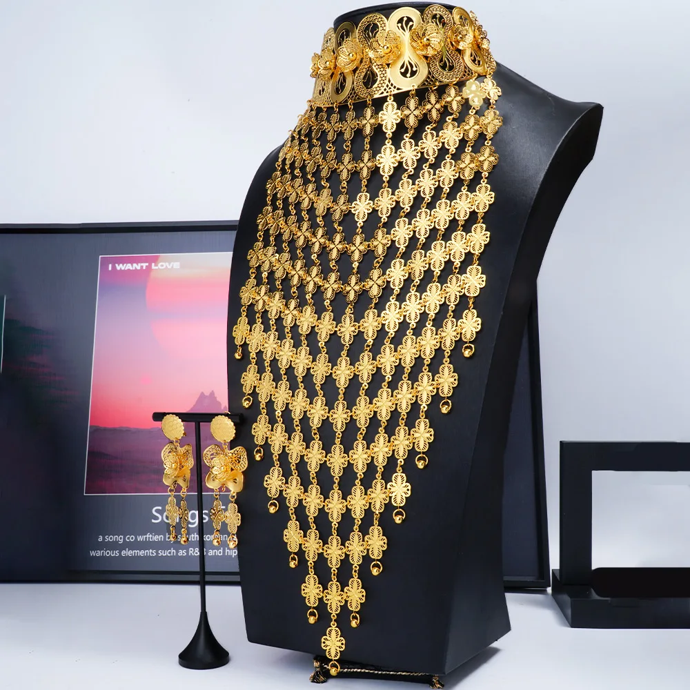 Luxury 24K 9999 Pure Gold real gold Middle East Flower Tassel Necklace Earrings Set Bridal Wedding Necklace