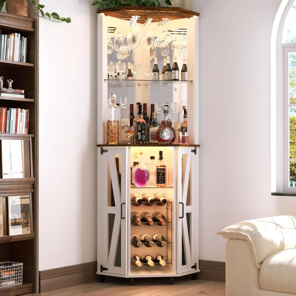 

Tall Corner Bar Cabinet, Wine Bar with LED Light and Mirror, Farmhouse Liquor Cabinet with Adjustable Shelf & Glass Rack